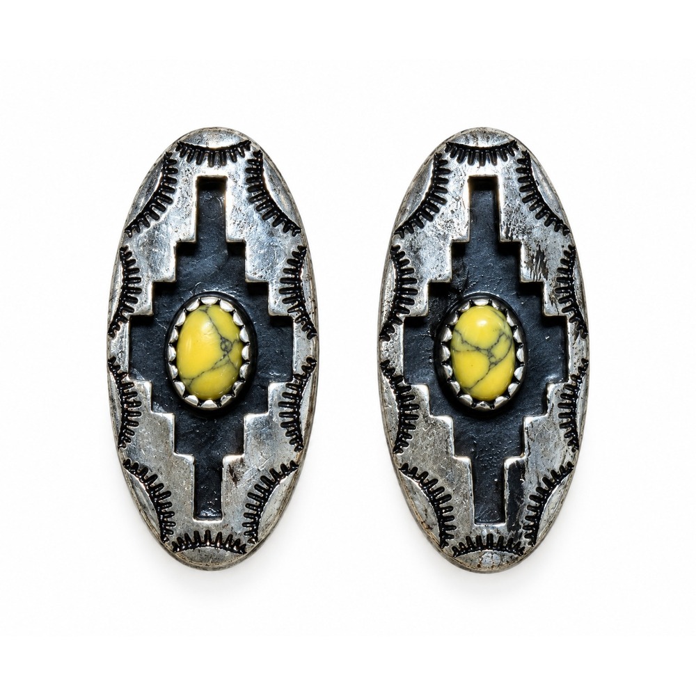 Yellow Howlite Aztec Concho Stud Earrings Silver Tone Western Cowgirl